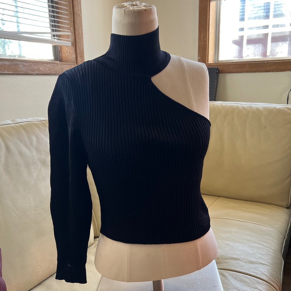 Zara Womens Black Ribbed One Shoulder Mock‎ Neck Asymmetrical Knit Top Small